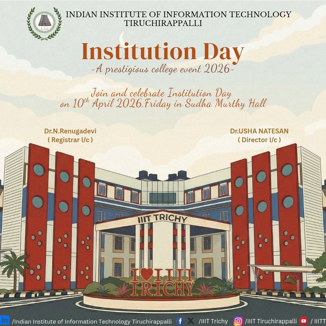 IIITTrichy's tweet image. Celebrating excellence, innovation, and togetherness at Institution Day 2026 🎉✨
Proud to be part of the IIIT Trichy family ❤️🏫

#InstitutionDay2026 #IIITTrichy #CollegeLife #CampusCelebration #ProudMoment