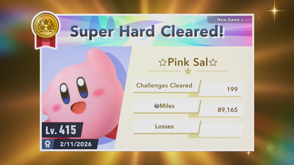 Pink_Sal5's tweet photo. I’ve finally done it: both Super Hard cleared and MAX Rainbow rank in City Trial.

My playtime is at 220 hours on my profile. 

The only other thing I’d go for is Top Ride ranked, but that’s a challenge to grind because it’s dead.

It feels GOOD to be done. 😄 #KirbyAirRiders https://t.co/WwjJpvCcxW