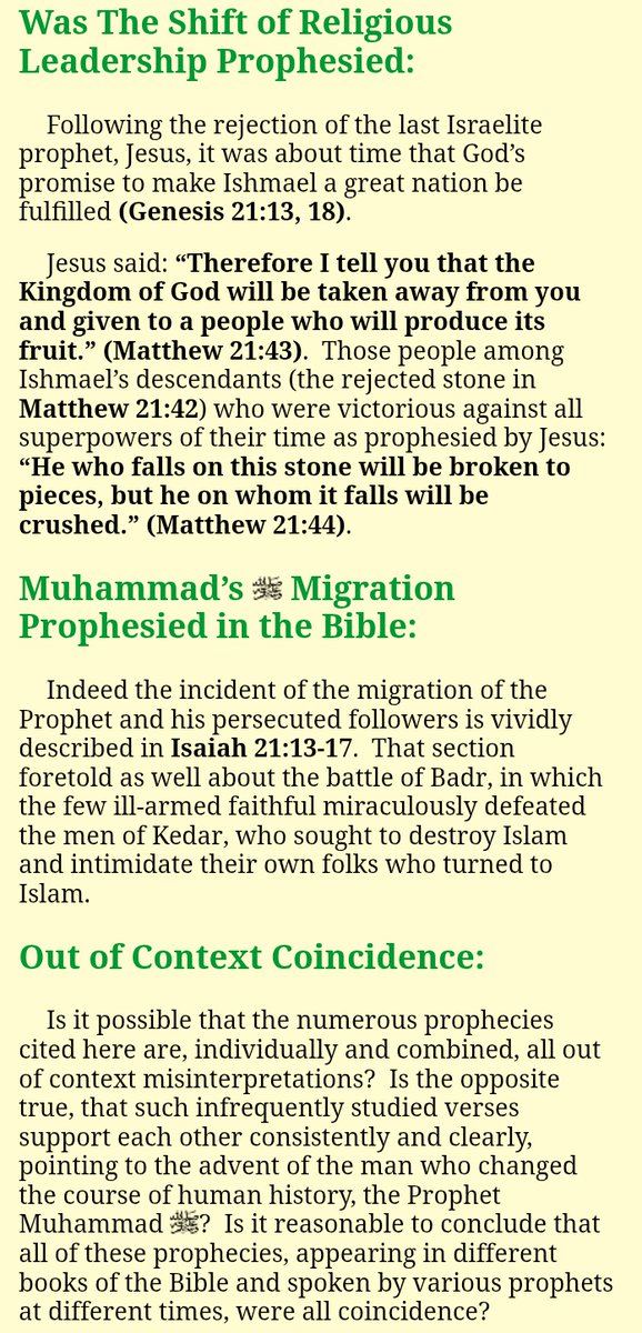 TohaMoni11's tweet photo. @gungirlnyc @sciencegirl Was the Shift of Religious Leadership Prophesied? 📖 Jesus said: “Therefore, say I unto you, The Kingdom of God shall be taken away from you, and given to a nation bringing forth the fruit thereof”(Matt 21:43). That nation of Ishmael’s descendants (rejected stone in Matt 21:42) https://t.co/9RWsWE51a3