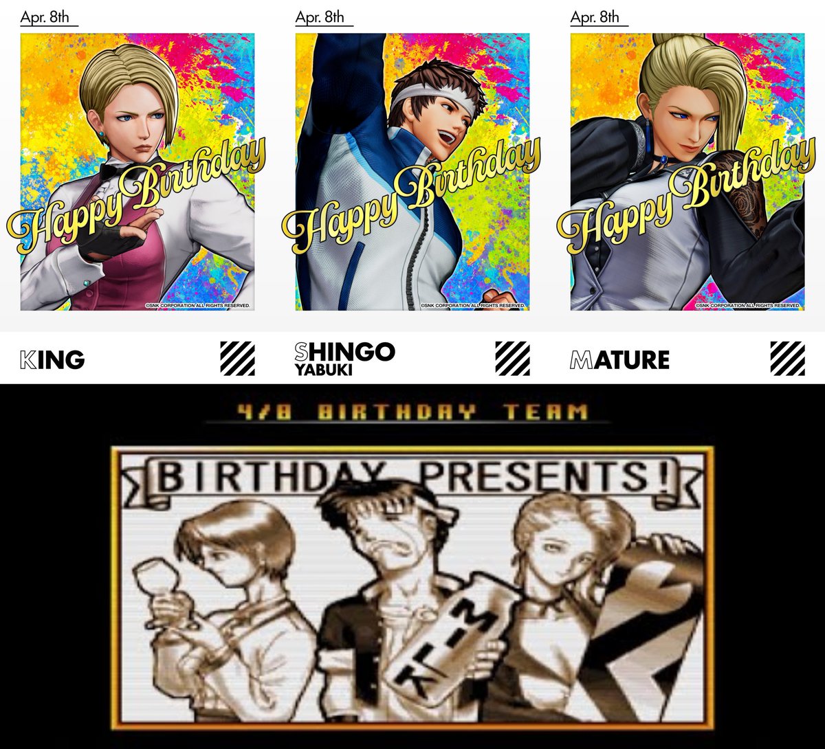 Mekikung's tweet photo. Happy Birthday to member of April 8th Team - King, Mature and Shingo 🥳🎉🎂

Finally they met together again in KOFXV latest #KOF which have storyline !! (normally we found them together only in Dream Match game like 98, 02 and Neowave...) https://t.co/g0AGWSJYGw