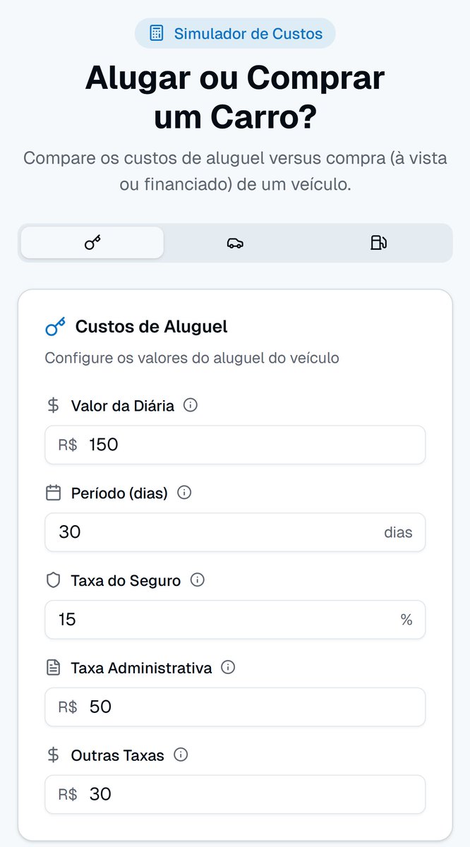 genicleito's tweet photo. A maior mentira sobre ter carro: "é só pagar combustível"

A maioria das pessoas ignora manutenção, seguro, impostos, desvalorização…

Pode ser mais barato alugar um carro ou usar Uber/99.

Pra te ajudar com isso, criei um simulador completo: https://t.co/D51nhj7muD

#financas https://t.co/283zhqGVLF