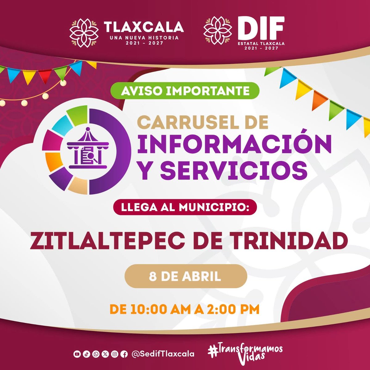 Este 8 de abril llegamos a Zitlaltepec de Trinidad con el Carrusel de Información y Servicios del <a href="/SedifTlaxcala/">SEDIF Tlaxcala</a>.

De 10 a 14 hrs estaremos cerca de ti para escucharte y brindarte atención directa.

Acércate. Juntas y juntos #TransformamosVidas 💜