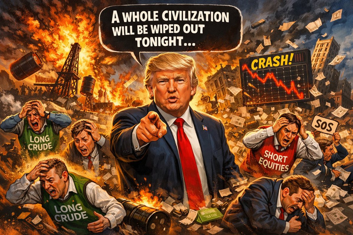 Trump said " A whole civilization will be wiped out tonight ... "

He was referring to persons sitting on Long Positions in Crude and short on equity Markets😂😂😂