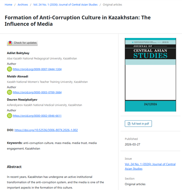 jcas_journal's tweet photo. The paper by Baktybay et al. explores how media shape anti-corruption culture in Kazakhstan, using survey data on media use, trust, coverage of corruption, audience engagement, and related policies.
🔗Full article: https://t.co/jSLT6oPduB
#Anticorruption #Media #Trust #Kazakhstan https://t.co/d2klJBtiwk