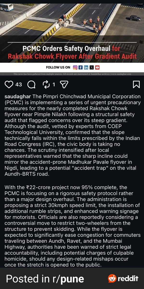 No two wheelers on the flyover in the city with the most number of two wheelers. 
30 kmph limit on the flyover. 

Then why bother building the bridge at all?

Govt didn't consider the steep gradient BEFORE building. Now  people shd pay for the stupidity of govt. 
येड्याचा बाजार.