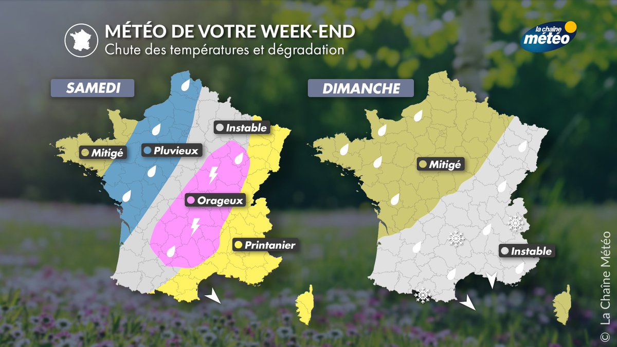 lachainemeteo's tweet image. 📉🌡️⛈️ Le temps va nettement changer ce week-end avec une chute brutale des températures et le passage d'une perturbation. La #neige sera temporairement de retour en montagne dimanche.