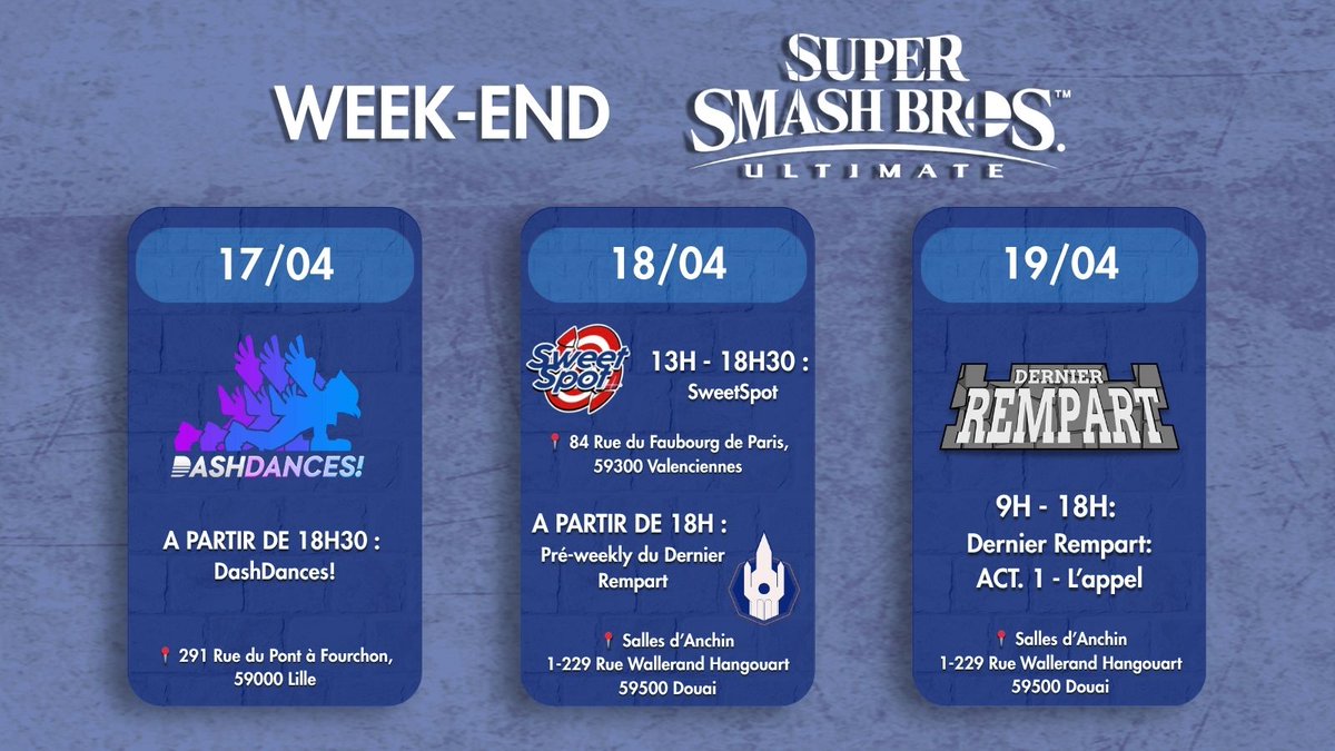 Le Dernier Rempart arrive dans moins de deux semaines… 

Mais ce n’est pas le seul event du week-end !
On commence le vendredi avec DashDances à Lille, puis on enchaîne avec le SweetSpot à Valenciennes le samedi ! 

Si vous êtes dans le Nord, impossible de s’ennuyer👀