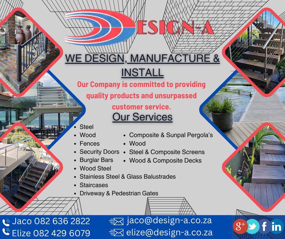 DesignAPretoria's tweet photo. We Design, Manufacture and Install - Steel, Stainless Steel &amp; Glass Balustrades, Driveway Gates, Fences, Security Doors, Burglar Bars, Decks and much more... https://t.co/Es655Lah1u