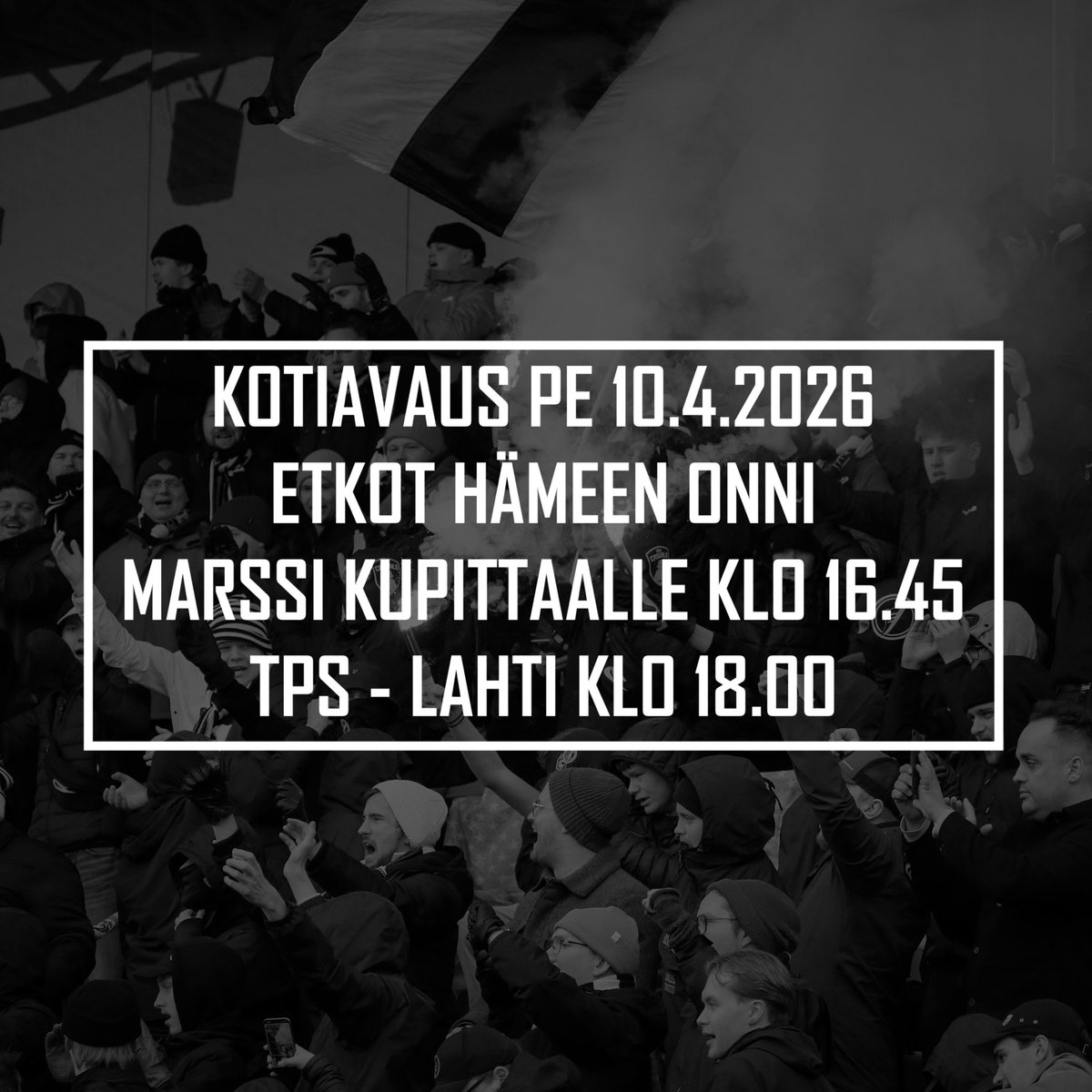 TPSkannattajat's tweet photo. Kotiavaus ylihuomenna!

Etkot Hämeen Onni (Hämeenkatu 7), marssi stadionille ja buugi päälle A-katsomossa. #FCTPS #Veikkausliiga https://t.co/c28DNHXvSU