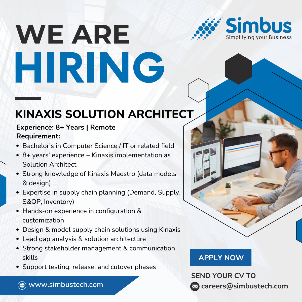 SimbusTech's tweet photo. We Are Hiring: Kinaxis Solution Architect
Join Simbus and drive real impact on global supply chain projects.
Apply or refer: careers@simbustech.com
Website: https://t.co/iCC8wolEez

#Hiring #KinaxisJobs #SupplyChainCareers #SimbusTech #SolutionConsultant #Simbuzz #KinaxisPartner https://t.co/gDxhiGHUPE