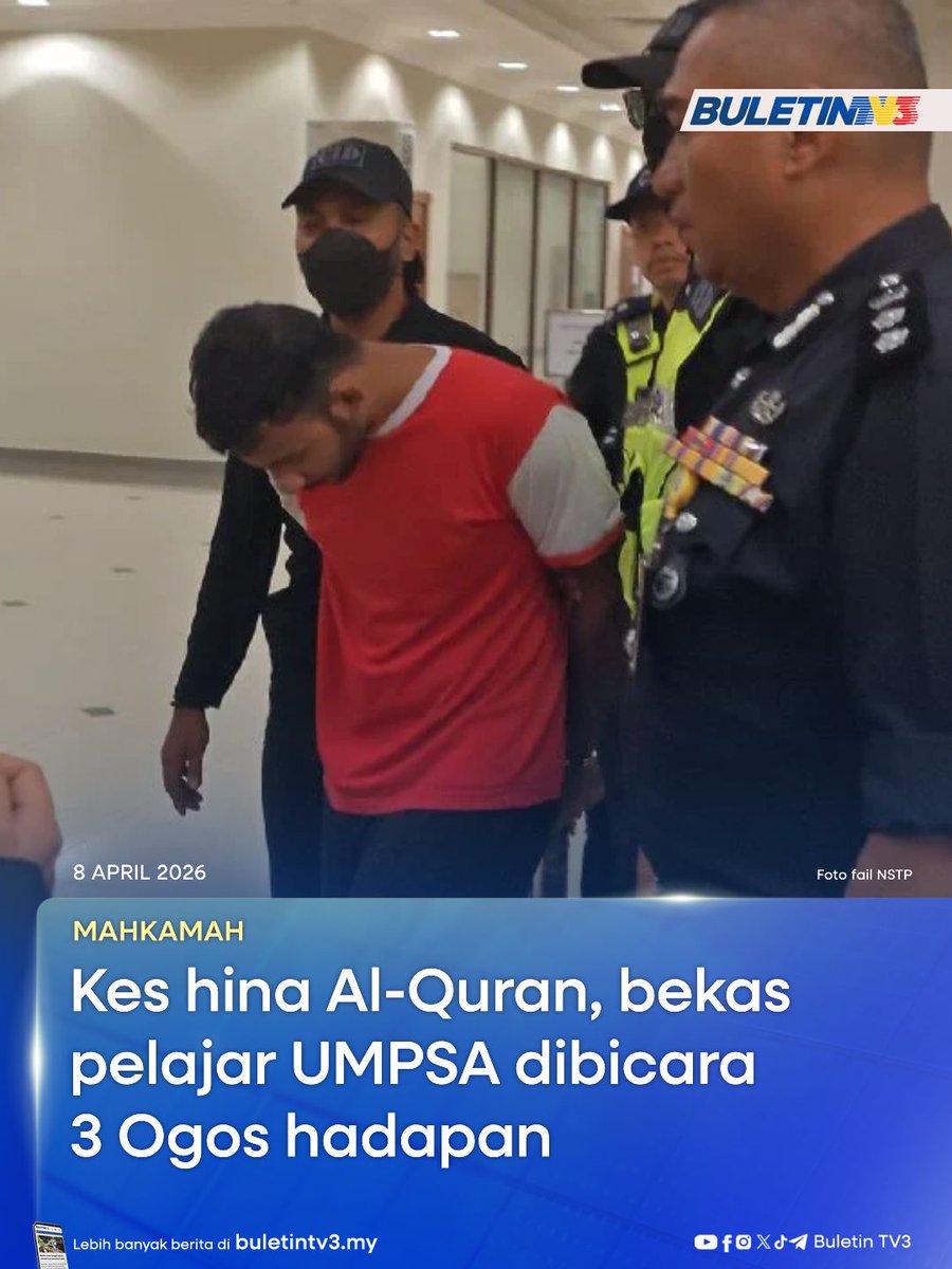 BuletinTV3's tweet photo. MAHKAMAH | Seorang bekas penuntut Universiti Malaysia Pahang Al-Sultan Abdullah (UMPSA) yang didakwa menghina Al-Quran dan memuat naik kandungan menghina Islam di media sosial akan menjalani perbicaraan pada Ogos depan.

#BuletinTV3 #BeritaTerkini #Mahkamah #PijakAlQuran #UMPSA 

Berita penuh di https://t.co/aJhtAsodVT