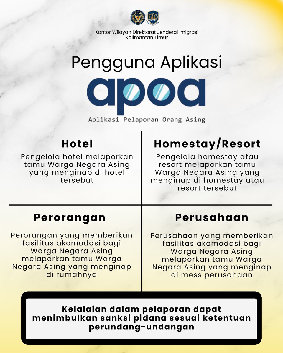 imigrasikaltim's tweet photo. Udah tahu APOA? 🤔
Aplikasi buat lapor tamu WNA—wajib buat hotel, homestay, perusahaan &amp; perorangan.
Yuk lapor via https://t.co/wMNljSSxAF ✔️ https://t.co/vlBpGHIdcI