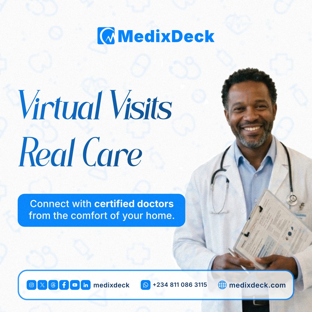 MedixDeck's tweet photo. Your health shouldn’t wait— and now it doesn’t have to. 💙
With MedixDeck, expert medical care is just a tap away. Skip the queues, avoid the stress, and connect with certified doctors from the comfort of your home.

#MedixDeck #VirtualCare #Telemedicine #HealthcareAnywhere https://t.co/Y7vmcjXaFZ