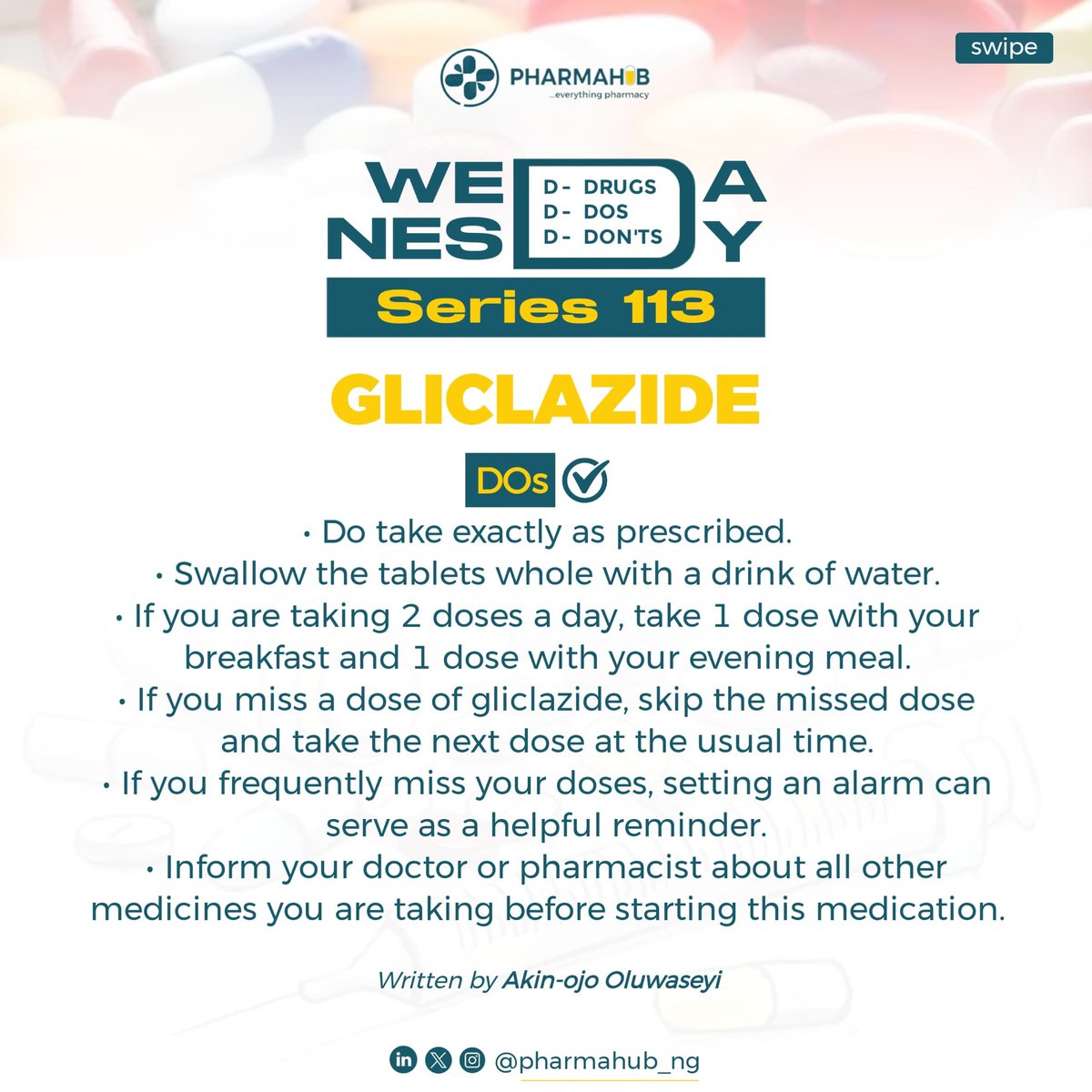 pharmahub_NG's tweet photo. Gliclazide is a sulfonylurea used to manage type 2 diabetes by stimulating the pancreas to produce more insulin. Here are the key points to know:
Take it at the right time. Standard gliclazide should be taken 30 minutes before a meal, ideally breakfast. Modified-release (MR) formulations are taken once daily with breakfast.
Don't skip meals. Since gliclazide increases insulin secretion, skipping a meal after taking it significantly raises your risk of hypoglycemia (low blood sugar).
Know the signs of a hypo. Shakiness, sweating, dizziness, confusion, and palpitations are warning signs. Always carry fast-acting glucose (glucose tablets, juice, or sugary sweets) in case this happens.
Alcohol increases hypo risk. Alcohol can mask hypoglycemia symptoms and prolong its effects — limit intake and never drink on an empty stomach while on this medication.
Monitor your blood sugar regularly, especially when first starting or after any dose change, to ensure your levels are in a safe range.
Tell your doctor if you are unwell, fasting, or having surgery — your dose may need to be temporarily adjusted, as illness and fasting dramatically change your glucose balance.
Gliclazide is generally well tolerated, but consistent timing, regular meals, and blood glucose monitoring are the cornerstones of using it safely.