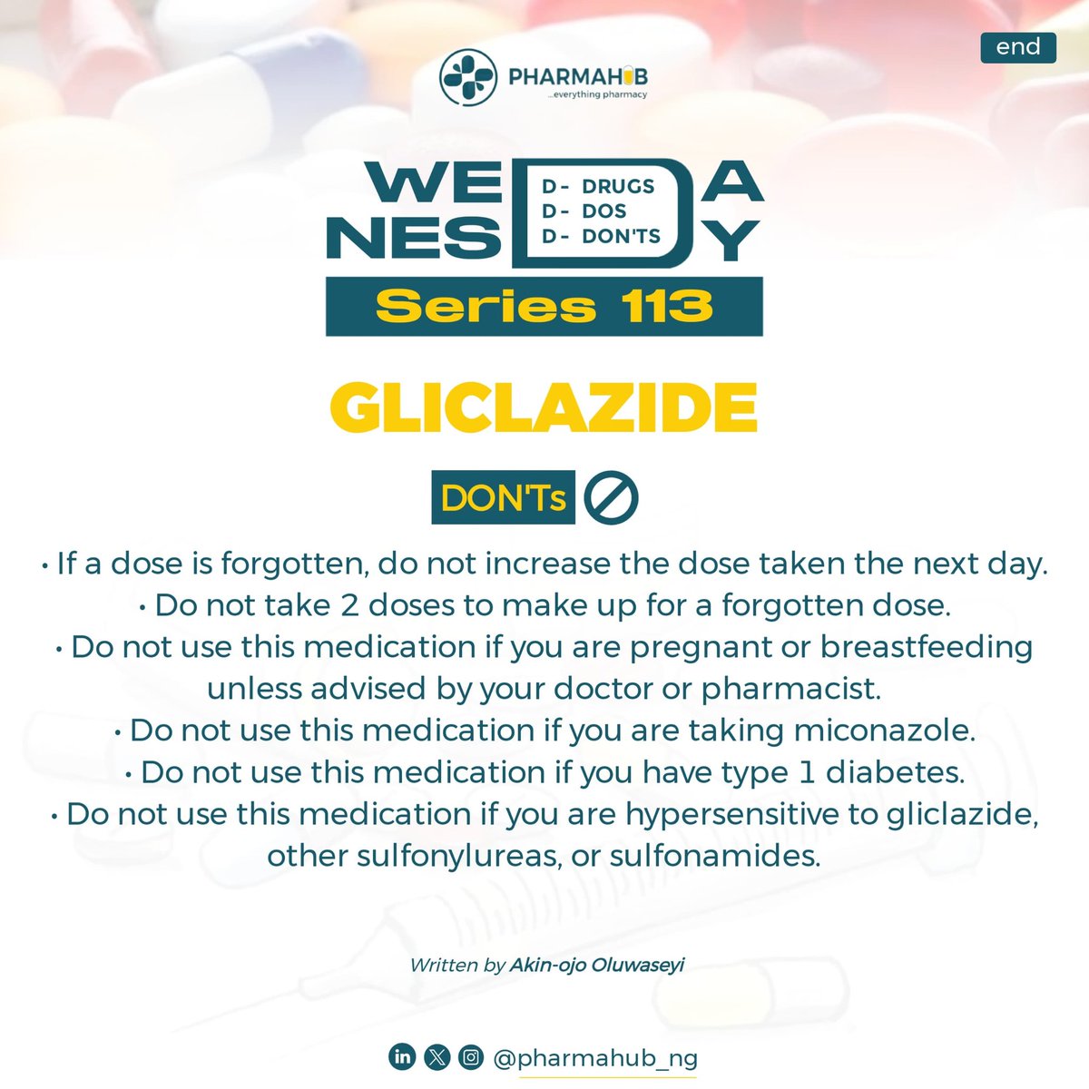 pharmahub_NG's tweet photo. Gliclazide is a sulfonylurea used to manage type 2 diabetes by stimulating the pancreas to produce more insulin. Here are the key points to know:
Take it at the right time. Standard gliclazide should be taken 30 minutes before a meal, ideally breakfast. Modified-release (MR) formulations are taken once daily with breakfast.
Don't skip meals. Since gliclazide increases insulin secretion, skipping a meal after taking it significantly raises your risk of hypoglycemia (low blood sugar).
Know the signs of a hypo. Shakiness, sweating, dizziness, confusion, and palpitations are warning signs. Always carry fast-acting glucose (glucose tablets, juice, or sugary sweets) in case this happens.
Alcohol increases hypo risk. Alcohol can mask hypoglycemia symptoms and prolong its effects — limit intake and never drink on an empty stomach while on this medication.
Monitor your blood sugar regularly, especially when first starting or after any dose change, to ensure your levels are in a safe range.
Tell your doctor if you are unwell, fasting, or having surgery — your dose may need to be temporarily adjusted, as illness and fasting dramatically change your glucose balance.
Gliclazide is generally well tolerated, but consistent timing, regular meals, and blood glucose monitoring are the cornerstones of using it safely.