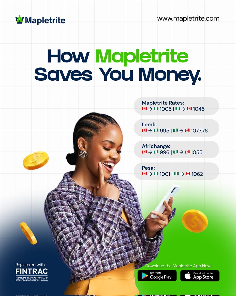 mapletrite's tweet photo. Better exchange rates mean you keep more of your money on every transaction. No hidden charges, no unnecessary losses, just smart, transparent transfers that work in your favor.
Download the Mapletrite app today and start saving more with every transfer.
#Mapletrite #BetterRate https://t.co/M6BjavoUh0
