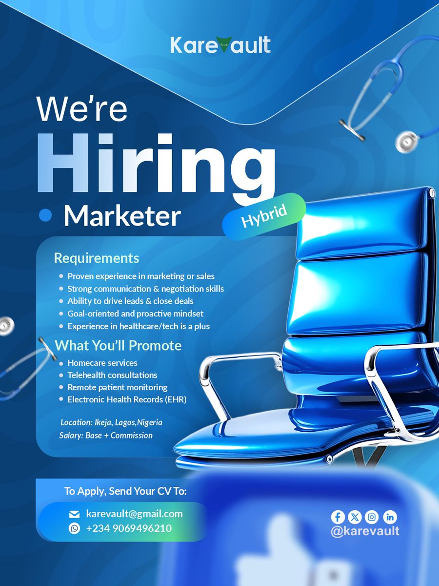 We’re Hiring: Marketer (Hybrid) 📍 Ikeja, Lagos.
Are you proactive, goal-oriented, and ready to drive leads in the HealthTech sector? 
Join Karevault and help us promote the future of digital health.

Apply now: info@karevault.com +234 9069496210
#LagosJobs #JobAlert