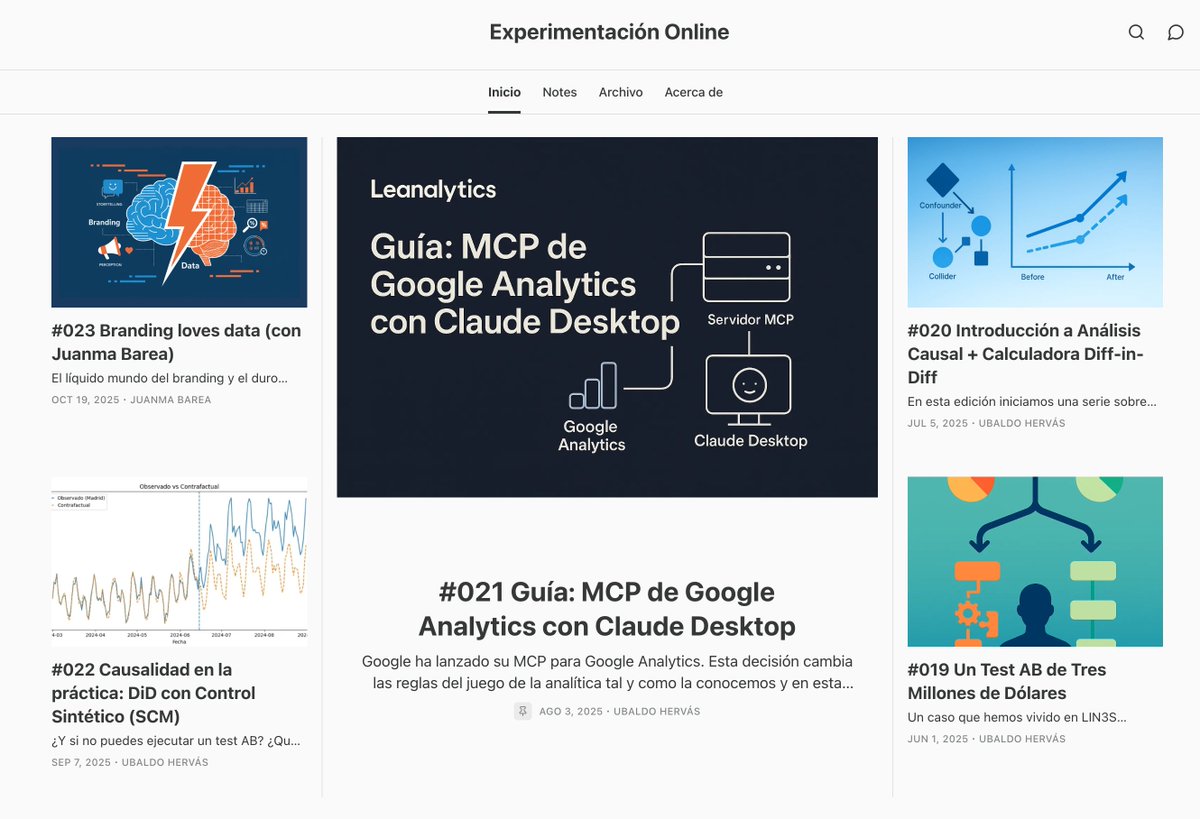 Aquí tenemos el feed de <a href="/xperimentacion/">Experimentación Online</a>:

Únete a una comunidad con +1.200 suscriptores apasionados por la experimentación online, product analytics y causal inference: experimentaciononline.com