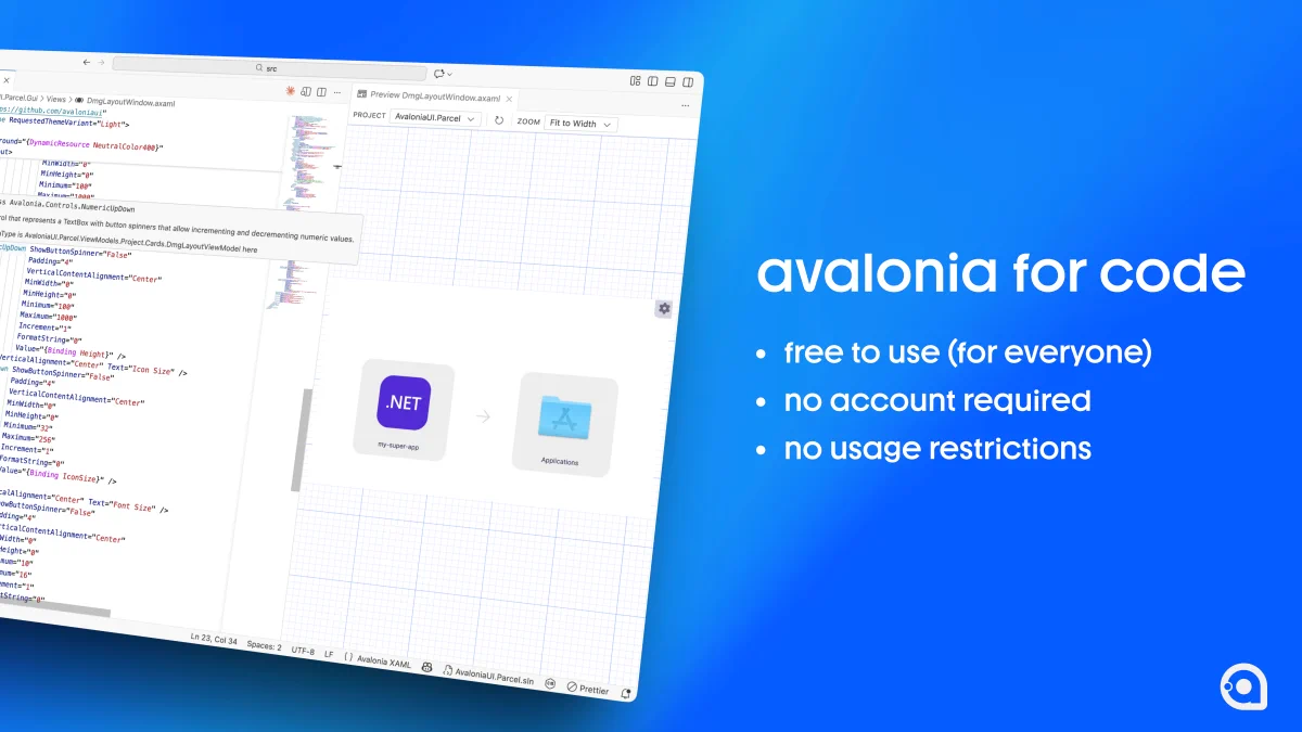 Avalonia UI VSCode extension on a blue background, highlighting features like free usage and no account requirements for coding.