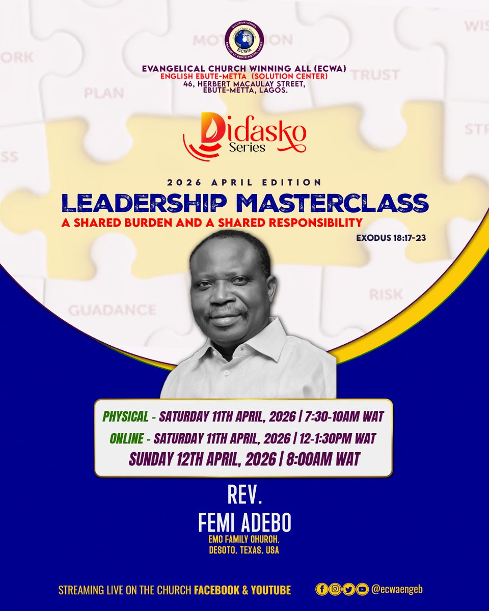 ecwaengeb's tweet photo. Leadership is a team sport, not a solo marathon.

Join us this weekend for the Didasko Series: Leadership Masterclass featuring Rev. Femi Adebo (Texas, USA).

Details in the flyer

#Leadership #DidaskoSeries #ECWA #EbuteMetta #LeadershipDevelopment https://t.co/SwMdFjIYxa