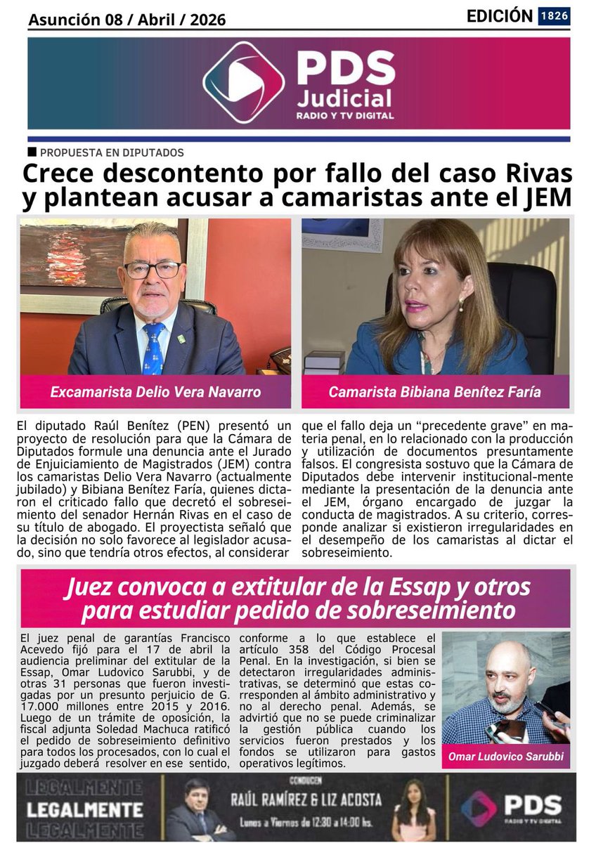 ¡Buen día!😊

Compartimos las principales noticias de la #PortadaDigitalPDS📰

Leé toda la información judicial en: 🔗pdsdigital.com.py

#PDSDigital