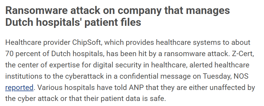 H4ckmanac's tweet image. 🚨Cyber Alert ‼️

🇳🇱Netherlands - 𝗖𝗵𝗶𝗽𝗦𝗼𝗳𝘁

Ransomware attack on ChipSoft, a Dutch healthcare software provider used by ~70% of hospitals, involving possible unauthorized access; patient data may have been accessed or exfiltrated, potentially impacting multiple hospitals