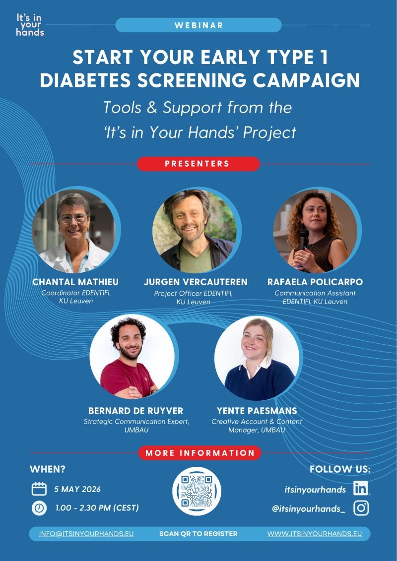 EASDnews's tweet image. 📢We’re pleased to support this upcoming #webinar from the “It’s in Your Hands” project. Offering organisations, healthcare professionals &amp;amp; patient groups practical support to start early #T1D awareness campaigns.

📅5 May 2026 |🕛 13:00

Register here 👉 events.teams.microsoft.com/event/6f691d41…