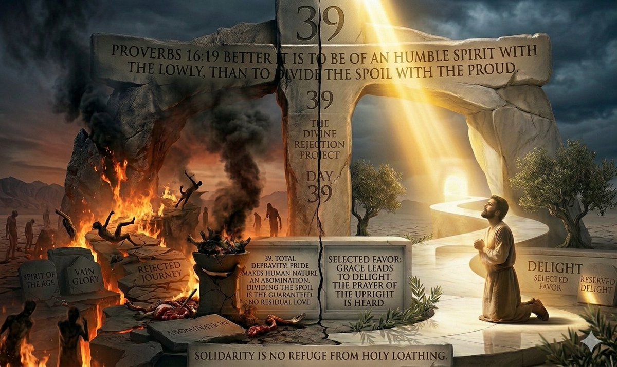 AbiWBC's tweet photo. He does not love the proud who divide the spoil; He has prepared them for destruction, while reserving His "selected favor" for the lowly.

​#KJV #SovereignGrace #Proverbs1619 #DivineRejection #GodHatesPride

The Divine Rejection Project Day 39 (4/8/26). https://t.co/bv7osgtScx