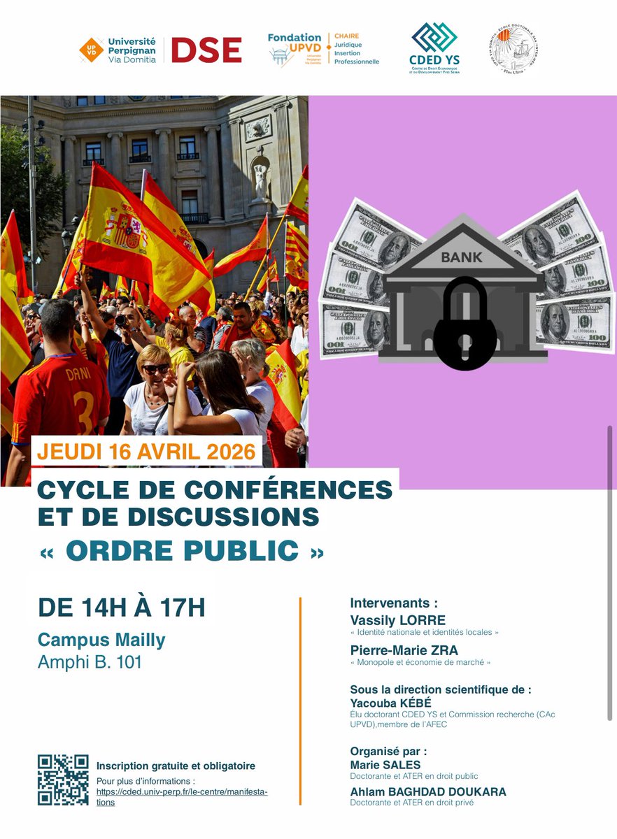 CDEDys's tweet photo. Save the date ! 
🔔🗓️ Jeudi 16 avril 2026 - 14h00 à 17h00
📍Campus Mailly - Amphithéâtre B101

📚Cycle de conférences et de discussions 
« Ordre Public »

Inscription obligatoire sur le site du CDED https://t.co/d1nMUeKezQ