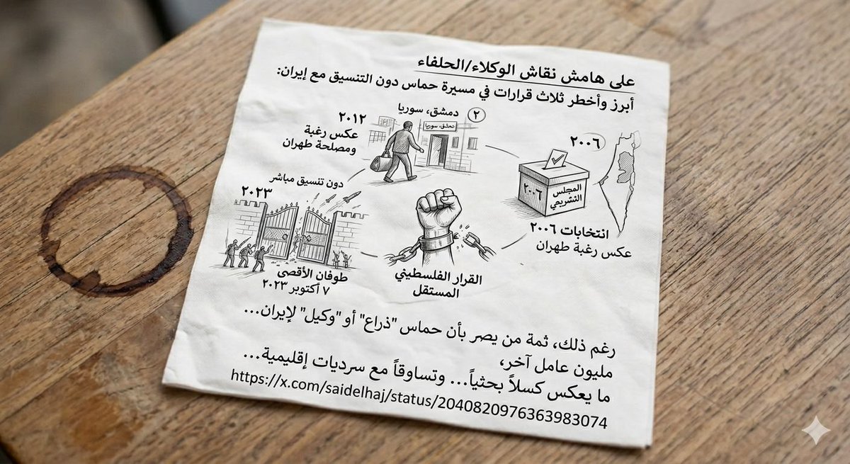 KhaledSafi's tweet photo. أخذت ⁧حماس⁩ أبرز وأخطر ثلاث قرارات في مسيرتها دون التنسيق مع ⁧إيران⁩، بل واثنين منهما على عكس توجهات إيران ورغبتها وربما مصالحها:

1- المشاركة في انتخابات المجلس التشريعي الفلسطيني عام 2006، على عكس رغبة طهران وتوجهاتها.

2- مغادرة ⁧سوريا⁩ عام 2012، على عكس رغبة طهران ومصلحتها.

3- عملية ⁧طوفان الأقصى⁩ عام 2023، دون التنسيق المباشر والقرار المشترك حتى.

رغم ذلك، ثمة من يصر بأن حماس "ذراع" أو "وكيل" لإيران، متجاهلاً ما سبق، وتاريخاً طويلاً من النضال الفلسطيني، وجوهر القضية الفلسطينية، وخلفية حماس الدينية والفكرية والسياسية، ومليون عامل آخر.

ما يعكس كسلاً بحثيًا عند البعض، واستسهالاً عند البعض الآخر، وتساوقًا مع سرديات إقليمية (وأحيانًا سردية العدو) عند البعض الآخر، ونوايا سيئة لدى كثيرين.
الكاتب: سعيد الحاج