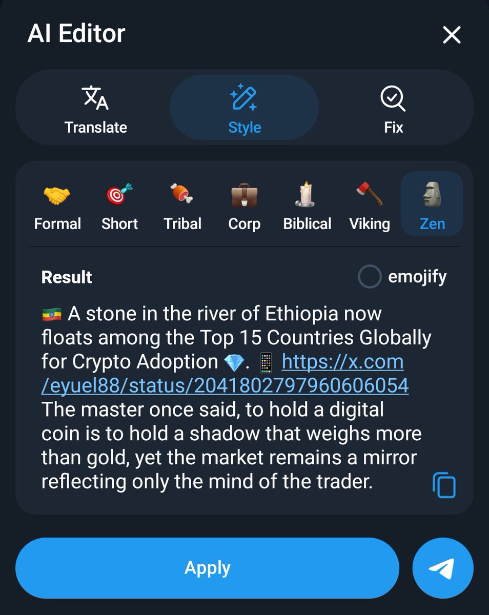 Eyuel88's tweet photo. Have you tried out Telegram’s new 100% private AI editor that lets you rewrite messages in Tribal, Zen, Corp, Biblical, or Viking styles 🪶📜

I’m also excited to see what it will look like when I create my own custom styles and make them available to others 💎 https://t.co/eXuRwVvI1Z
