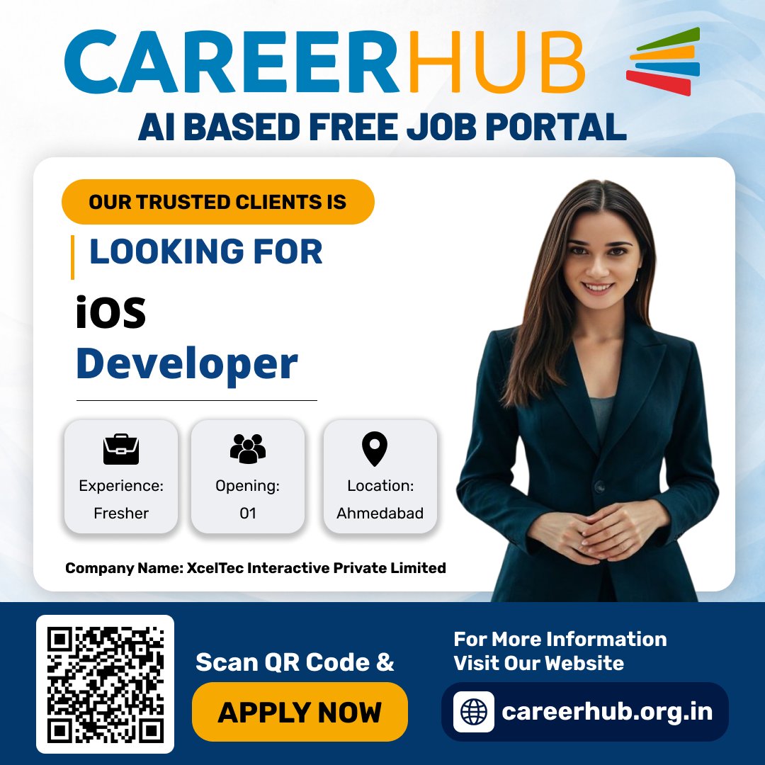 careerhub_iespl's tweet image. Hiring: iOS Developer 

Location: Ahmedabad
Experience: Fresher
Openings: 1

Start your career in iOS development today!
Apply Now:careerhub.org.in
Scan QR Code to Apply

Tag: Career Hub - AI Based Free Job Portal

#iOSDeveloper #FresherJobs #HiringNow #ITJobs #CareerHub