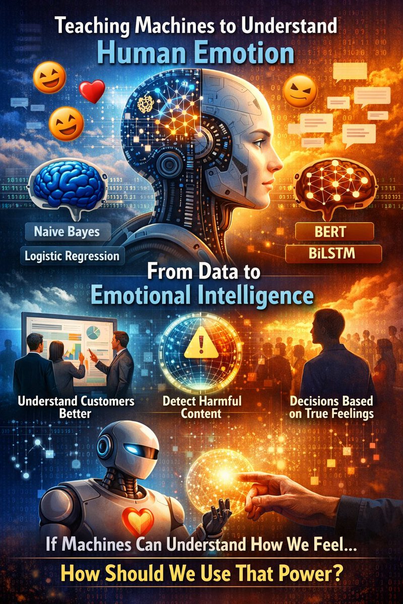 JaCreator's tweet photo. Working on an AI project using the GoEmotions dataset (58k comments) to detect 28 human emotions. From Naive Bayes &amp; Logistic Regression to BERT &amp; BiLSTM. AI is moving from processing text to understanding human emotion. https://t.co/AauFlJlwN3