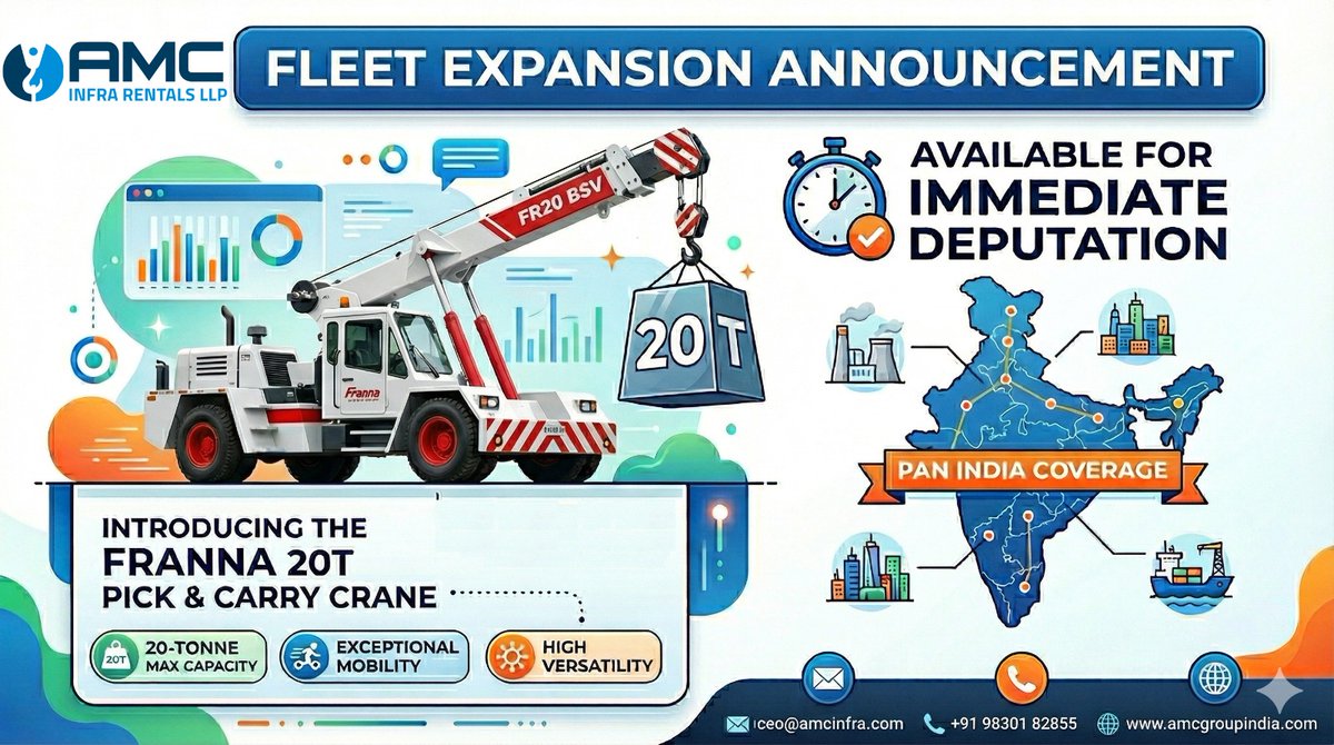 AMC_Group_'s tweet image. Fleet Expansion Announcement📢
AMC Infra Rentals LLP proudly adds Franna 20T Pick &amp;amp; Carry Crane to its growing fleet—ideal for construction, infrastructure &amp;amp; industrial applications.
#AMCInfraRentals #FleetExpansion #AMCGroup #ShreeBalajiEquipments #FrannaCrane #PickAndCarryCrane
