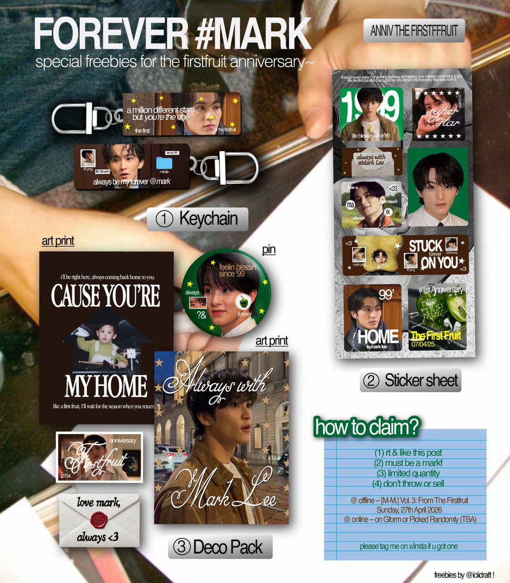 ⭐️ giveaway forever #mark
special anniversary tff ✳️. . .(🫑)*

offline : on <a href="/memoriesmarking/">✧</a> FTF Vol.3
online: TBA
“more deets on picture.🎐”

only for markf 
🗯️one person one items

[must rt and like]. . .‼️

#TheFirstfruit1stAnniversary 
#ThankYouMARK