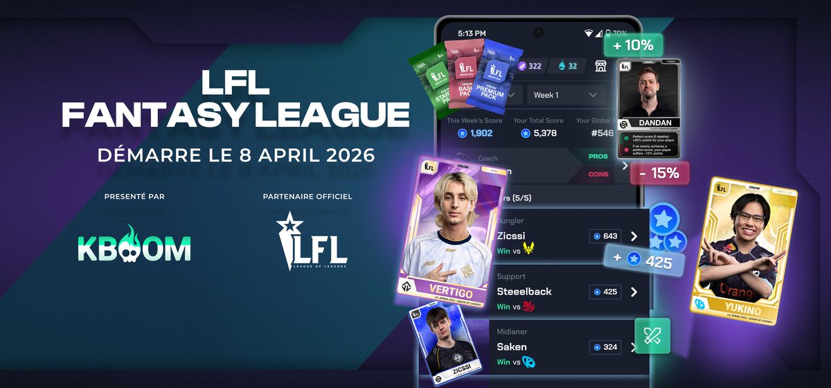 KboomGG_FR's tweet image. 🚨 NOTRE FANTASY LEAGUE #LFL EST LIVE !

Ouvrez des packs, collectionnez vos cartes LFL préférées et composez votre roster pour dominer le leaderboard

300€ de prix a remporter pour le Top 10

Utilisez le code promo SPRING26 pour débloquer vos premières cartes

Que le meilleur