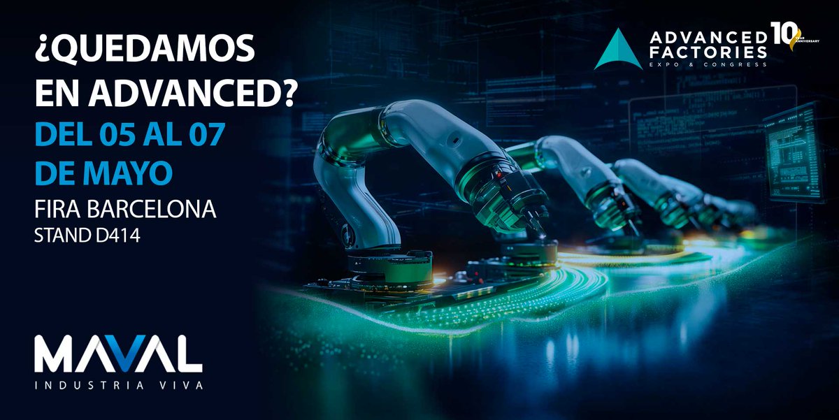 Maval_es's tweet photo. 🔷 Maval Insdustria Viva en #AdvancedFactories2026.
Del 5 al 7 de mayo estaremos en #FiraBarcelona, mostrando soluciones para optimizar procesos y mejorar el rendimiento industrial.
📍 Stand D414

👉 Será un buen momento para verlo de cerca: https://t.co/aHvtw8ZXp7 https://t.co/arYxRmvsqB
