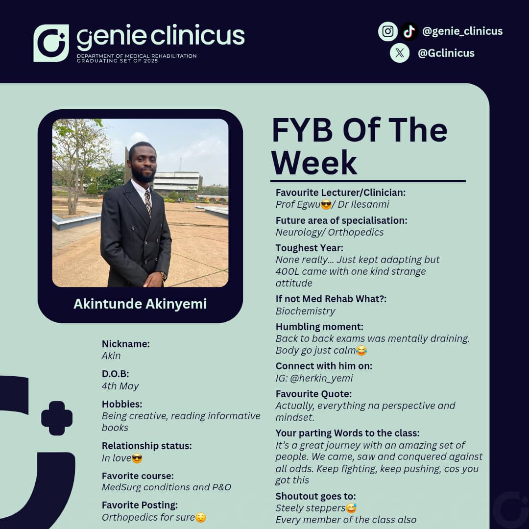 GClinicus's tweet photo. 🎉 It’s Akin’s Spotlight! 🎉

Celebrating Akintunde Akinyemi (Akin) our FYB of the Week ✨

Calm, creative, and consistent with a strong interest in Neurology and Orthopaedics. Just steady growth through every phase.

💬 “Everything is perspective and mindset.”

Keep pushing 💪 https://t.co/HDjMxKNAyl