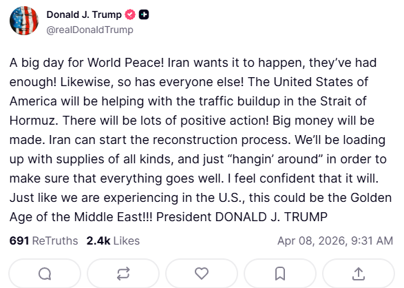 NewOrder_TV's tweet image. 🚨🇺🇸 US President Donald Trump:

💬 “A big day for World Peace! Iran wants it to happen, they’ve had enough! Likewise, so has everyone else! The United States of America will be helping with the traffic buildup in the Strait of Hormuz. There will be lots of positive action! Big