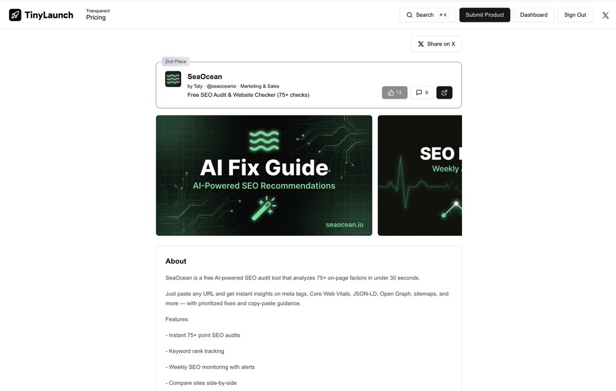 SeaOceanIO's tweet photo. We hit #2 on @tinylaunch  🌊

thank you for the support 🙏

if you haven't tried SeaOcean yet — free SEO audit in seconds, 140+ checks, AI Search visibility

→ https://t.co/L93VcQ0M9d

https://t.co/bZqJDslrf1