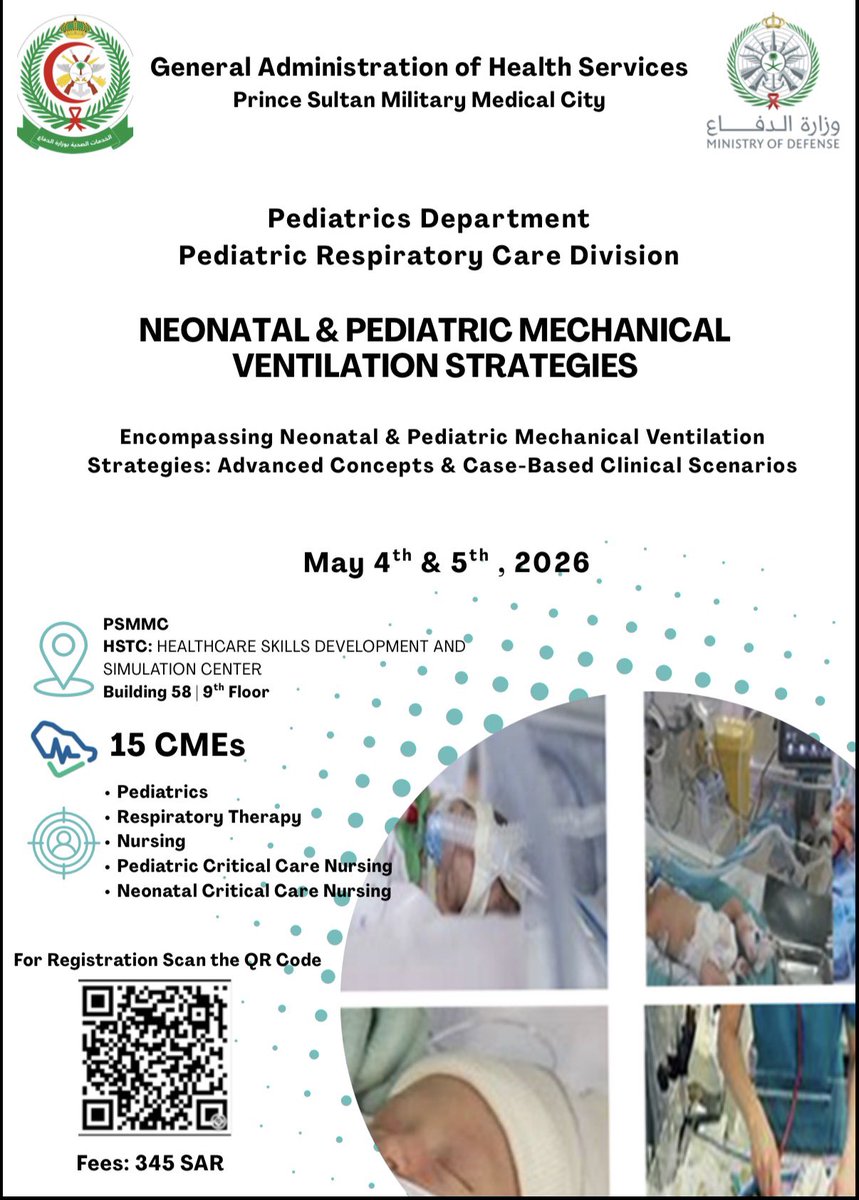 SCRC_1's tweet photo. Upcoming Workshop Alert – PRCD 2026 🚨

📍 Prince Sultan Military Medical City – Riyadh
🗓 May 4–5, 2026
💰 Fees: 345 SAR

Join us for the Neonatal &amp; Pediatric Mechanical Ventilation Strategies workshop. 

https://t.co/PWpAQqYk8h https://t.co/Nep8pywCpm