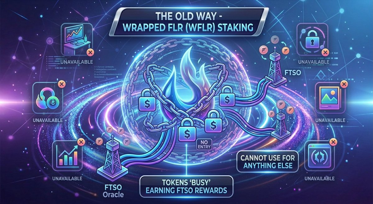4AhomeLOAN's tweet image. The Old Way: You wrap FLR into WFLR. You delegate to an FTSO. Your tokens are "busy" earning rewards. You can't use them for anything else. Opportunity cost? High. 🛑

#WFLR #PassiveIncome #Staking #CryptoStrategy #Flare