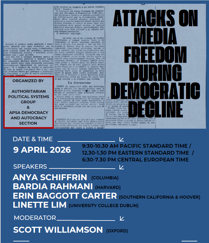ApsgWorkshop's tweet photo. Join us tomorrow for our first APSG-APSA Democracy &amp; Autocracy roundtable!
@anyaSIPA, Bardia Rahmani, @baggottcarter, @LinetteMLim and Scott Williamson will discuss attacks on media freedom during democratic decline
To register: https://t.co/yeyXAuX0G5 https://t.co/fcnhXCBWOb
