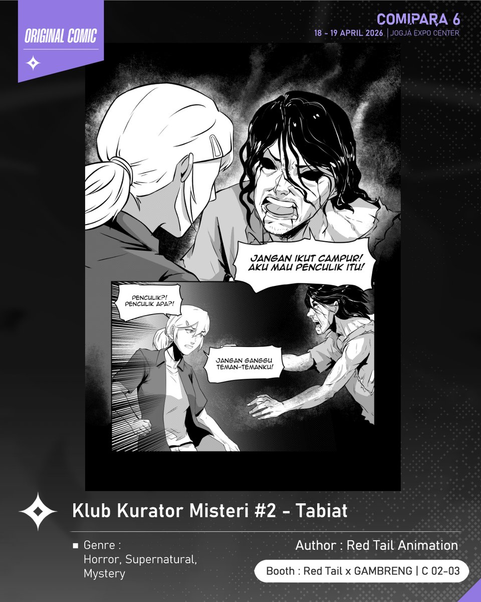 comipara_id's tweet image. [COMIC RAID]
Author: Red Tail Animation
Booth: C 02-03  -  Red Tail x GAMBRENG

Ada juga komik karya Kakak-Kakak Red Tail Animation, berjudul "Klub Kurator Misteri #2 - Tabiat" yang akan dijual di Comipara 6 besok lho!

Comipara 6
18-19 April 2026
Jogja Expo Center

#comicraid6