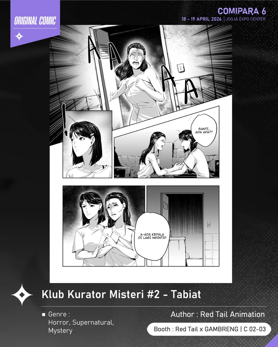 comipara_id's tweet image. [COMIC RAID]
Author: Red Tail Animation
Booth: C 02-03  -  Red Tail x GAMBRENG

Ada juga komik karya Kakak-Kakak Red Tail Animation, berjudul "Klub Kurator Misteri #2 - Tabiat" yang akan dijual di Comipara 6 besok lho!

Comipara 6
18-19 April 2026
Jogja Expo Center

#comicraid6