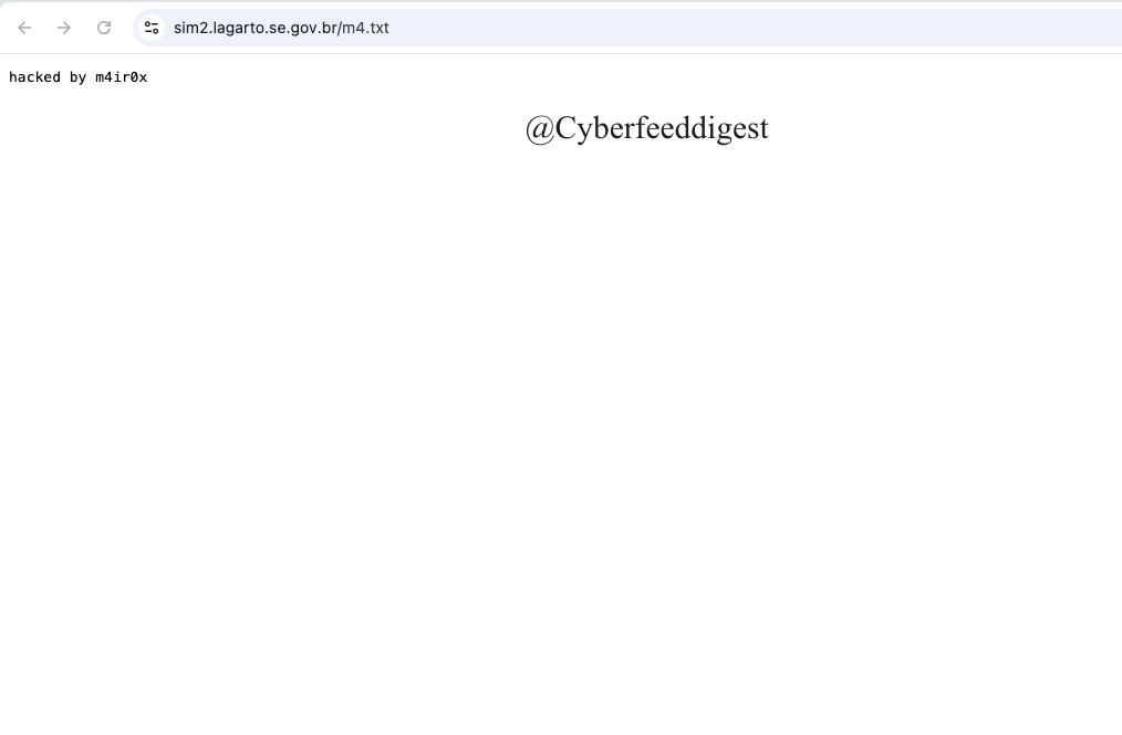 cyberfeeddigest's tweet image. A governmental website of #Brazil 
#Hacked by m4ir0x

hxxps://sim2.lagarto.se.gov.br/m4.txt

#Hack #Defacement #Brazil