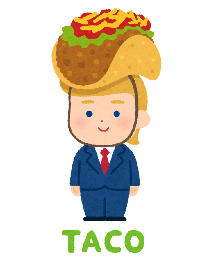 VoiceTubeJapan's tweet photo. タコスでも、オクトパス🐙でもない！

TACO とは

・Trump
・Always
・Chickens
・Out

の頭文字を取ったネットミーム（俗語）です。

✏️chicken out「ビビってやめる」
Trump Always Chickens Out「トランプはいつもビビってやめる」という意味になります。 https://t.co/d9ILdVSKLE