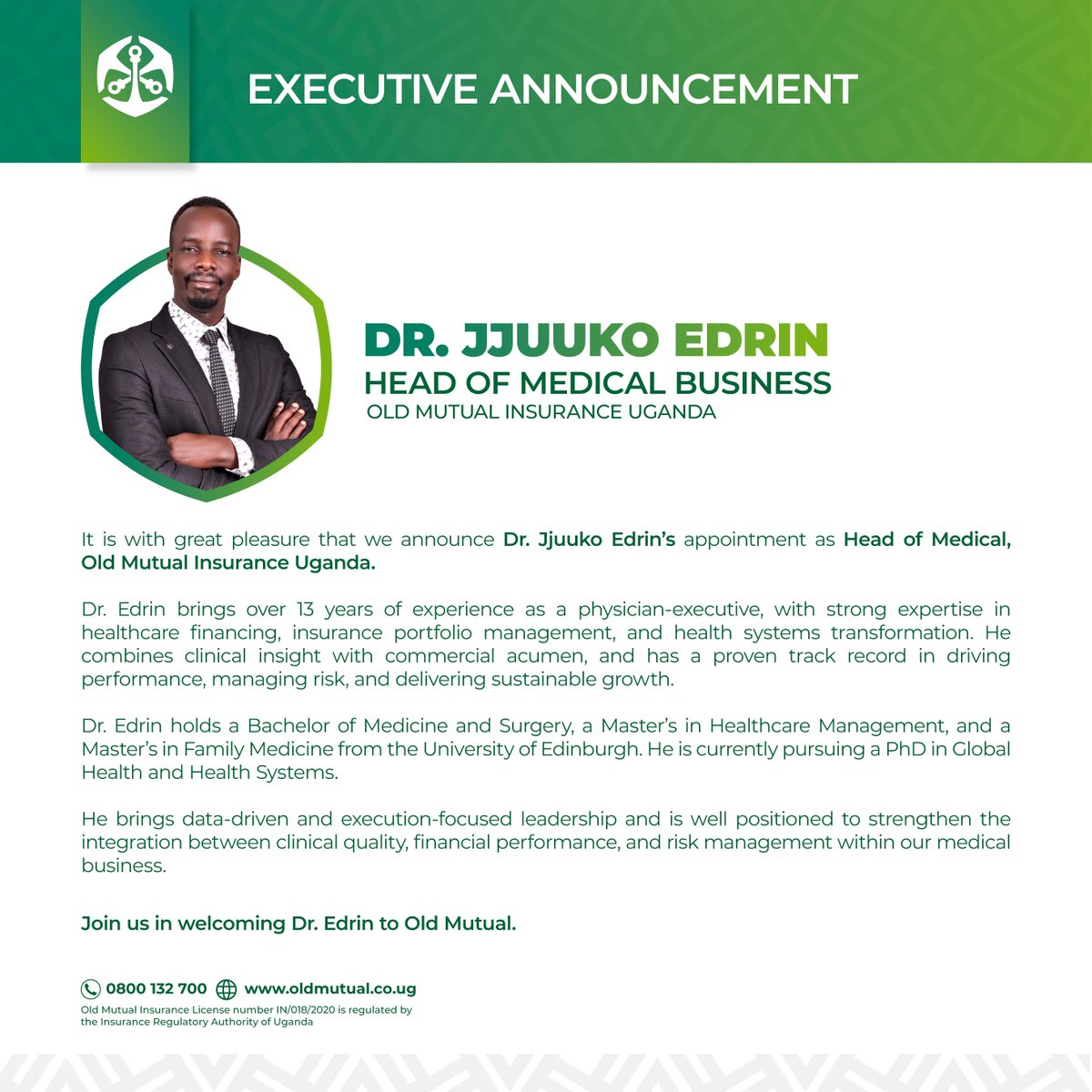 OldMutualUganda's tweet image. We’re excited to welcome Dr. @jjuukoedrin   as our new Head of Medical Business at Old Mutual Insurance Uganda.

With over 13 years of experience, he brings strong expertise in healthcare and insurance.

We’re confident his leadership will help grow our medical business.

Welcome
