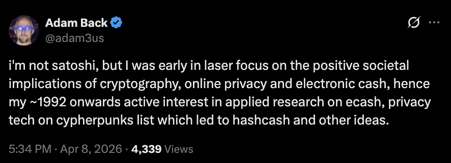 Cointelegraph's tweet image. ⚡️ UPDATE: Adam Back says he is not Satoshi Nakamoto despite early cypherpunk contributions.

Highlights decades of work in cryptography, privacy tech, and electronic cash research.