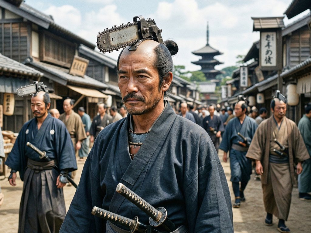 hashimura55's tweet image. シン・ちょんまげシリーズ
　✨チェンソーまげ✨
武士たるもの、いつでも庭木の剪定や 不要物の切断ぐらい、できなきゃのう✨ #GenAI